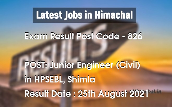 Exam Result HPSSSB Post Code 826 for the post of Junior Engineer (Civil) Notified on 25 August 21 - Exam Results