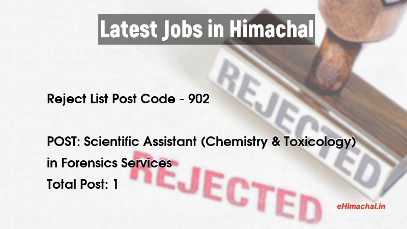 HPSSC Rejection list for the Post of Scientific Assistant (Chemistry & Toxicology) post code 902 due to non payment of fee/form is Incomplete July 21 - Reject Lists