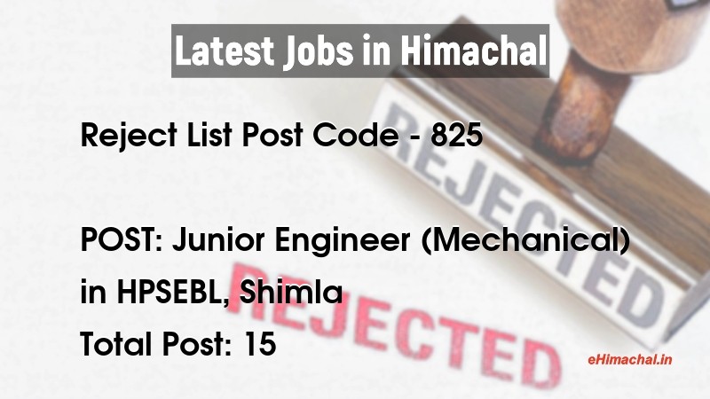 Rejection list for the post of Junior Engineer Mechanical Post code-825 due to Non receipt of fee. March 2021 - Reject Lists